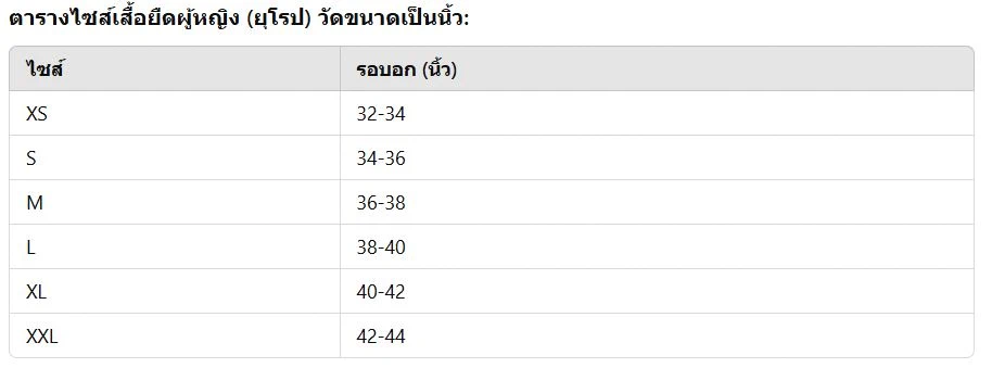ตารางไซส์เสื้อยืดผู้หญิง (ยุโรป)