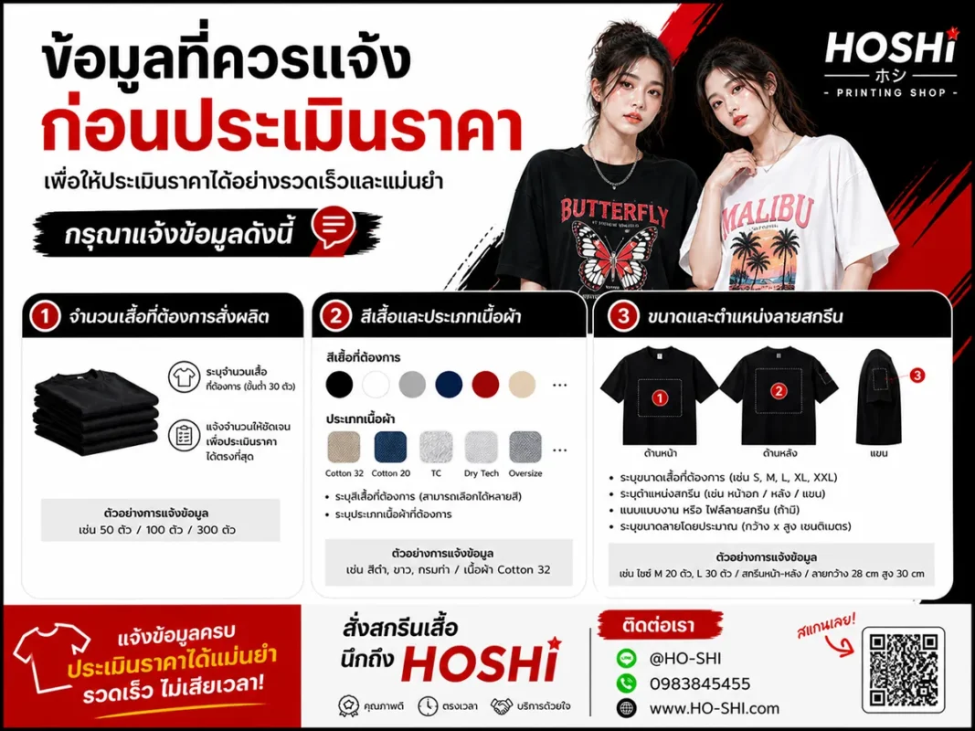 ข้อมูลที่ควรแจ้งก่อนประเมินราคาสกรีนเสื้อ