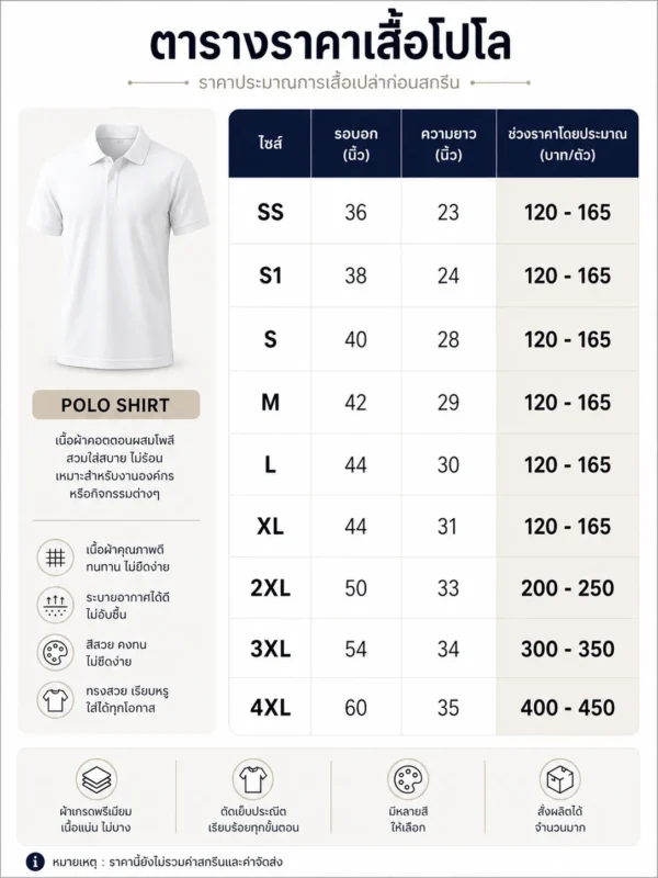 ตารางราคาเสื้อโปโล